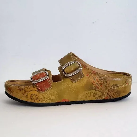 Boho ARAVON Slides Genuine Leather Mustard Floral sandal Slip-on Sandal Flats - Picture 11 of 16